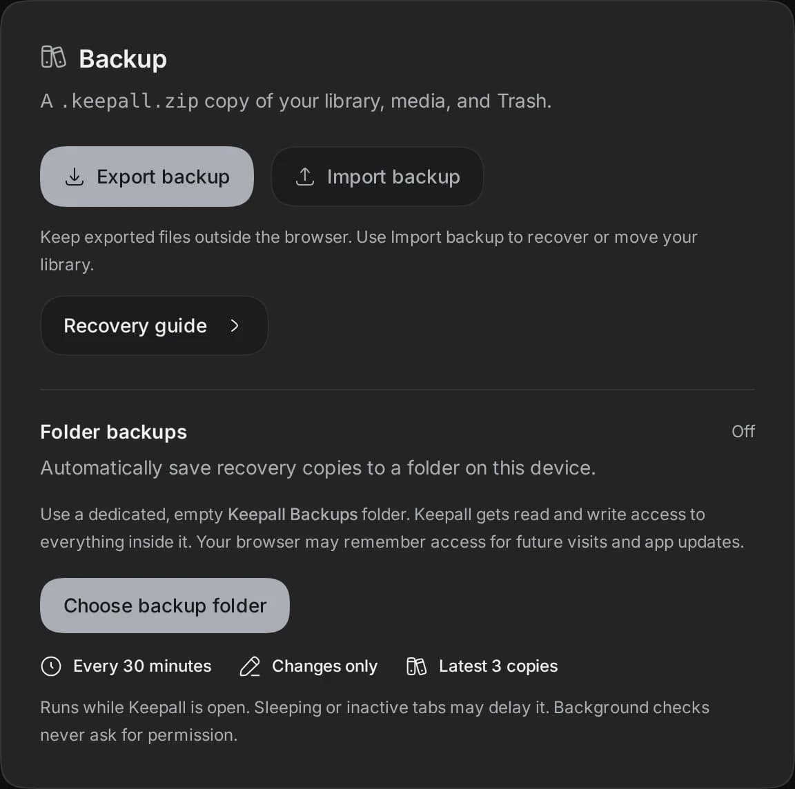 Keepall settings with Export backup, Import backup, and automatic folder backup controls