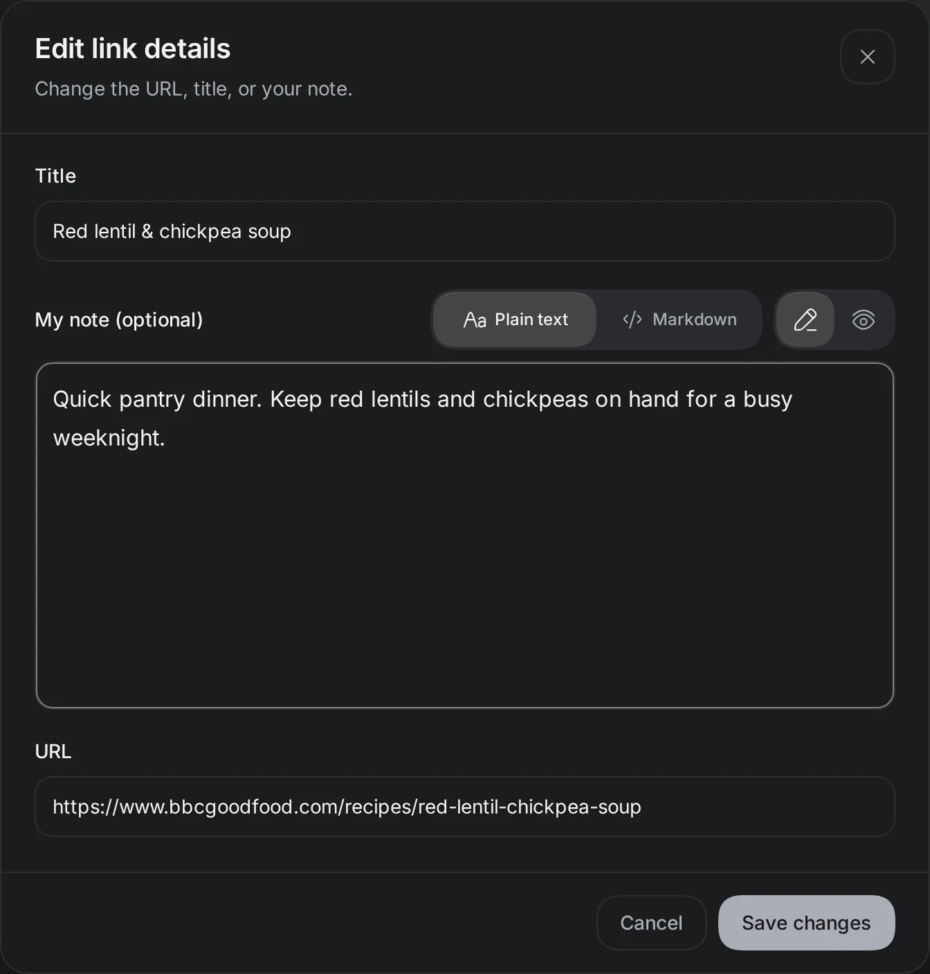 Edit link details dialog with the imported lentil soup title and a note beginning Quick pantry dinner