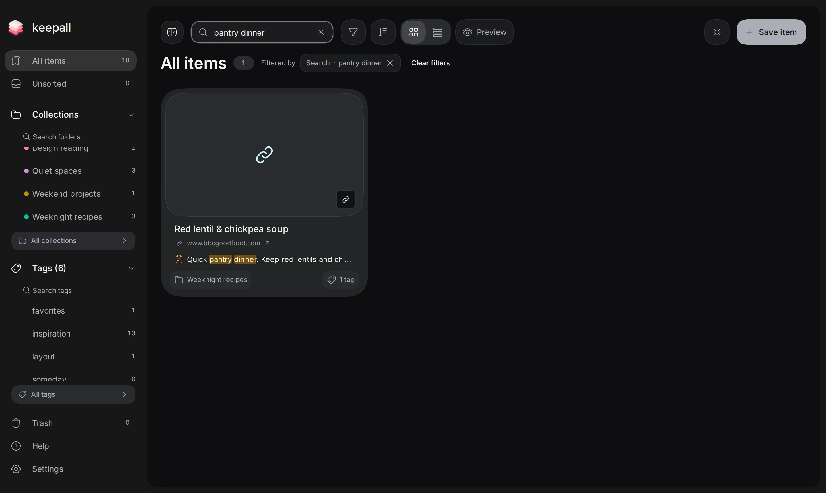 Keepall searching all items for pantry dinner and finding the imported lentil soup link through its saved personal note
