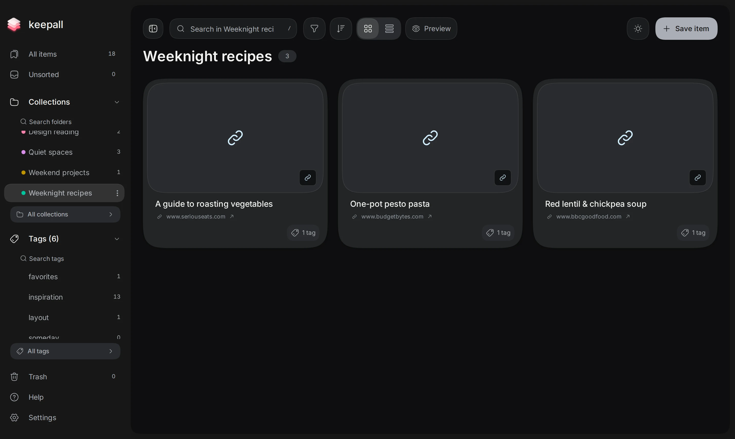 Weeknight recipes collection showing the three recipe links imported from the sample browser bookmark export