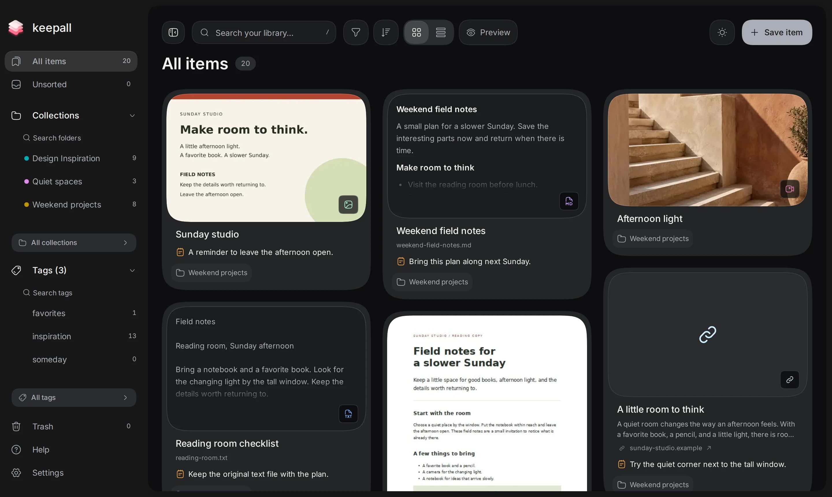 Keepall's actual library with sample links, notes, images, PDFs, Markdown, text files, and a local video