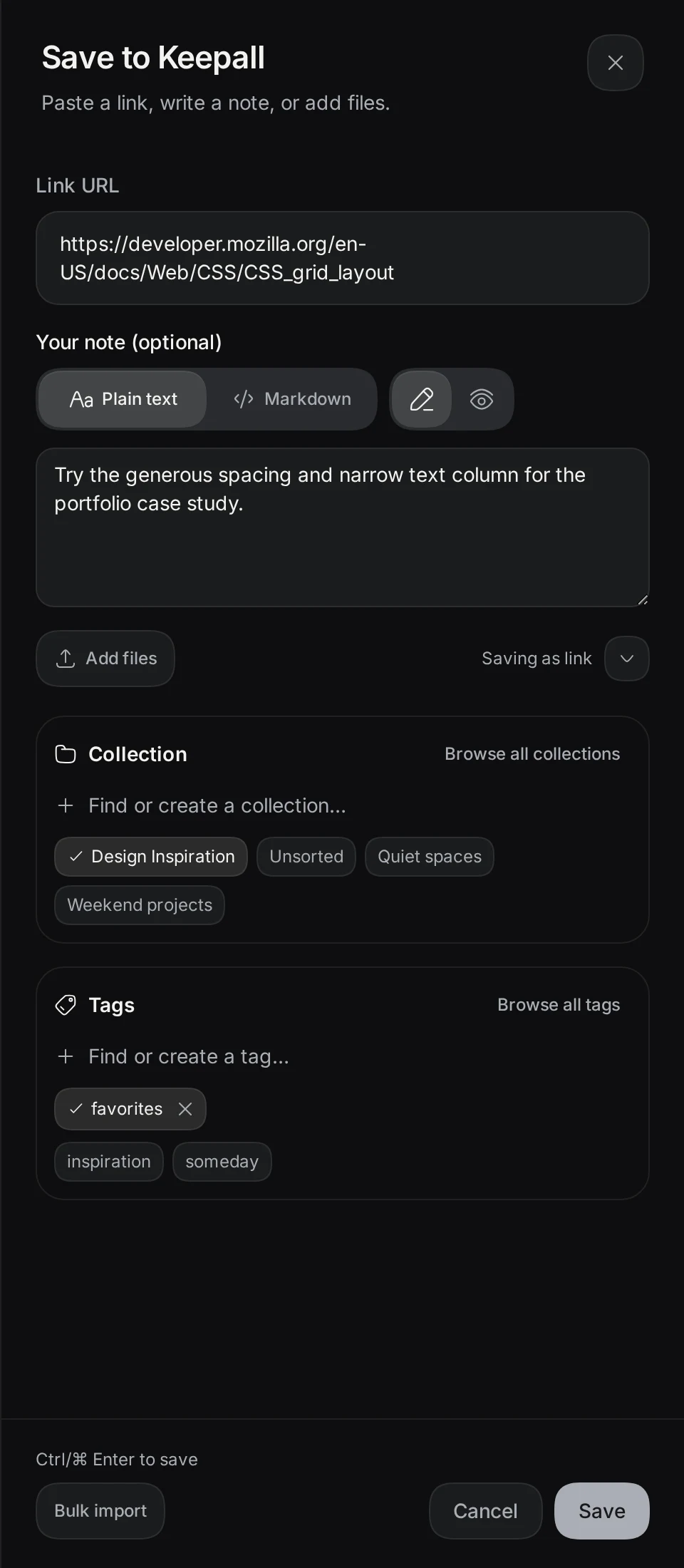 Save to Keepall drawer with a CSS grid link, a personal note, Design Inspiration selected as its collection, and the favorites tag
