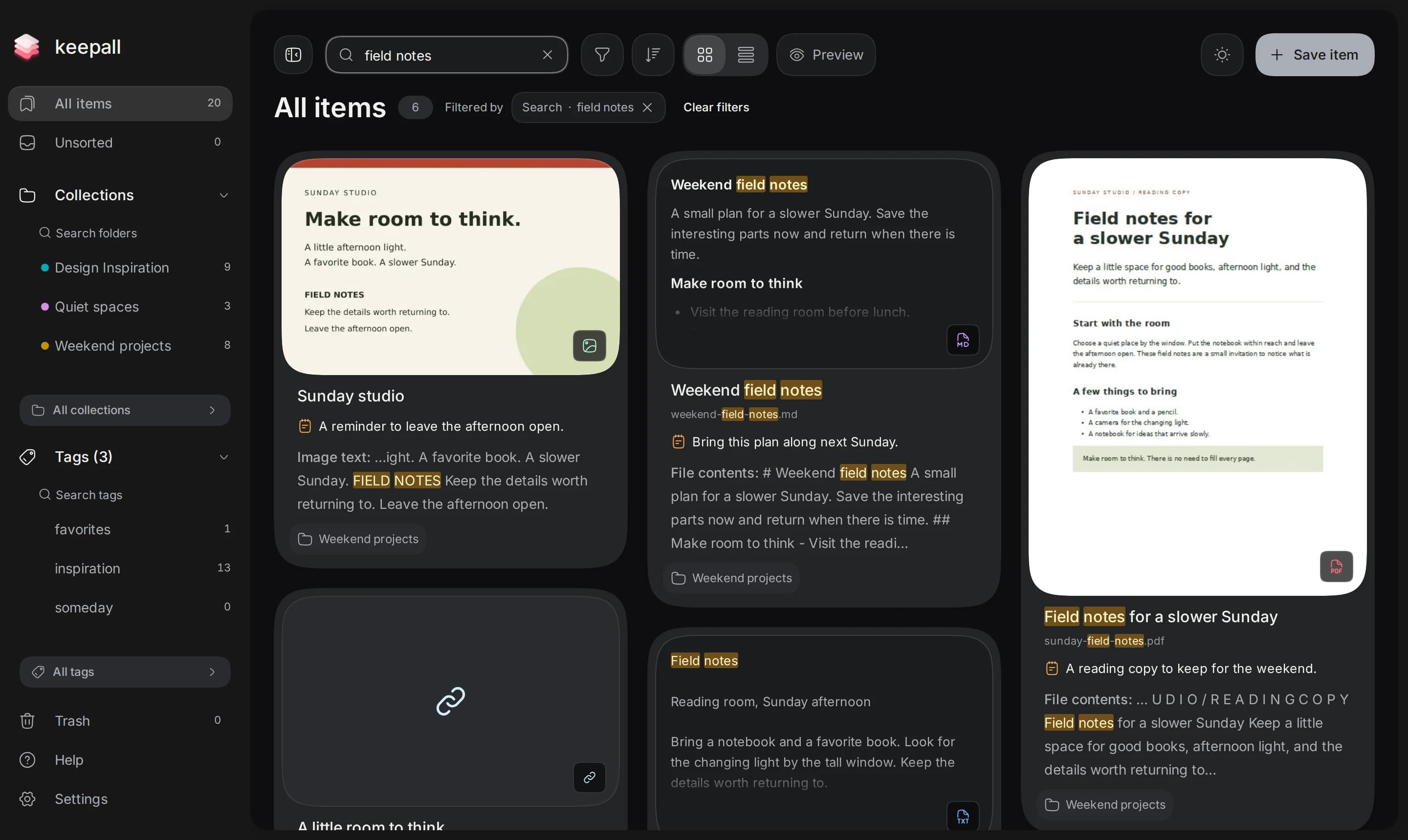 Keepall search results with highlighted matches inside saved files and recognized screenshot text