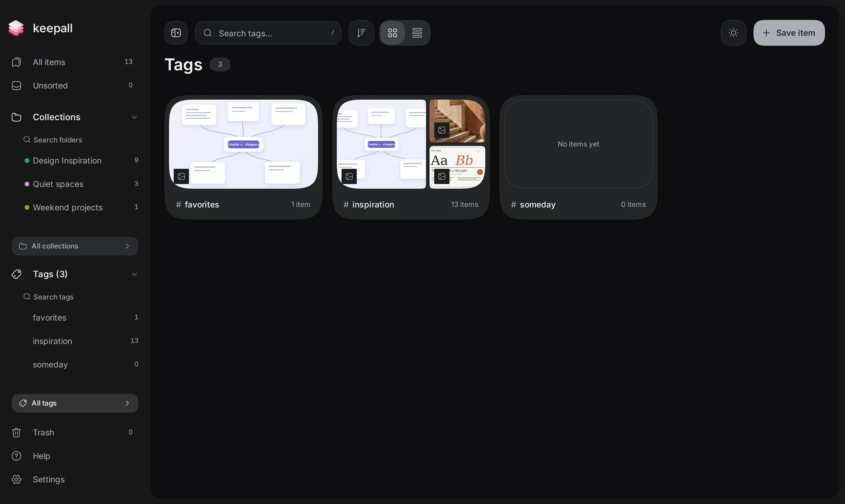 Keepall Tags overview with previews and item counts for favorites, inspiration, and someday