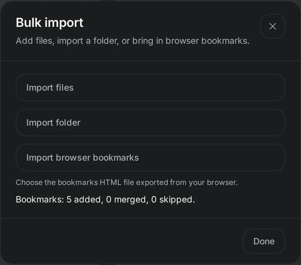 Bulk import showing Bookmarks: 5 added, 0 merged, 0 skipped after importing the sample HTML export