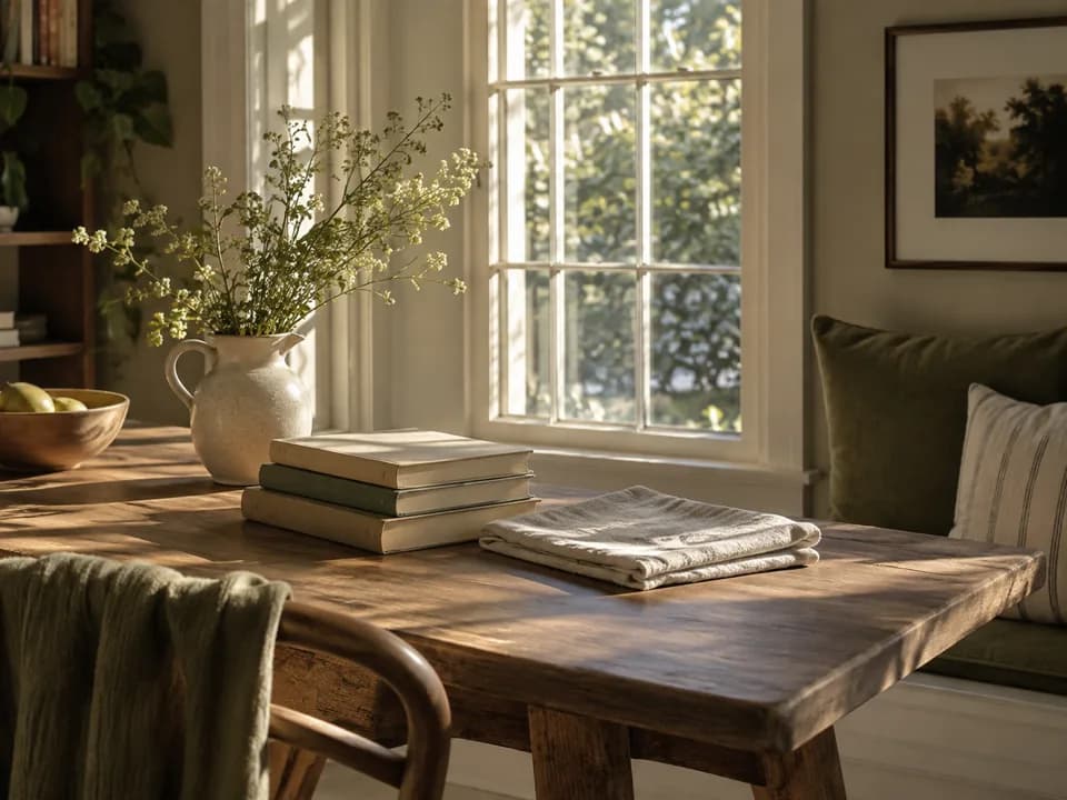 Sunlight falling across a chair and books by the window