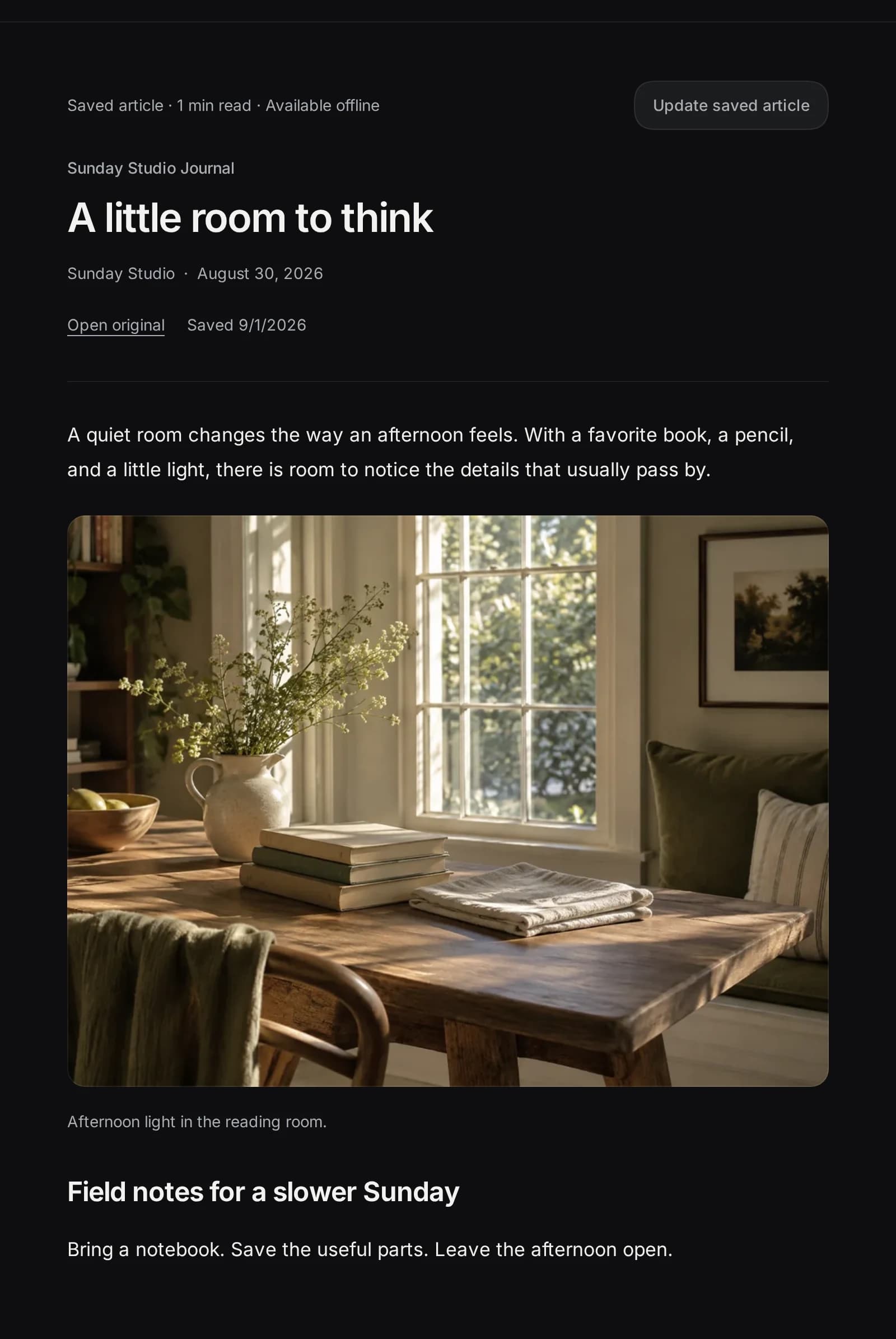 Keepall's saved article reader with the source, author, article text, inline photograph, and Update saved article control