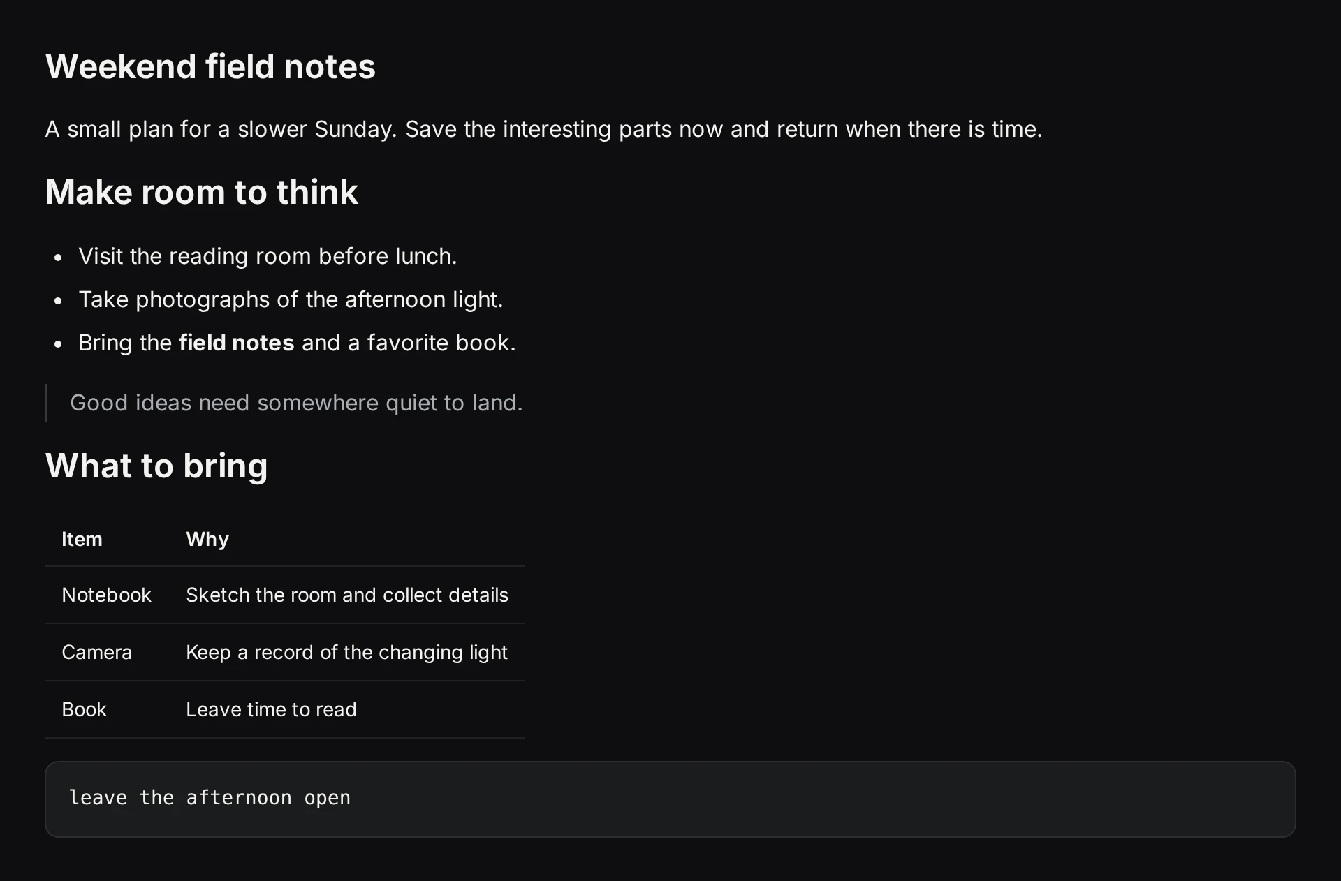 An imported Markdown plan rendered in Keepall with headings, a list, a table, and a code block