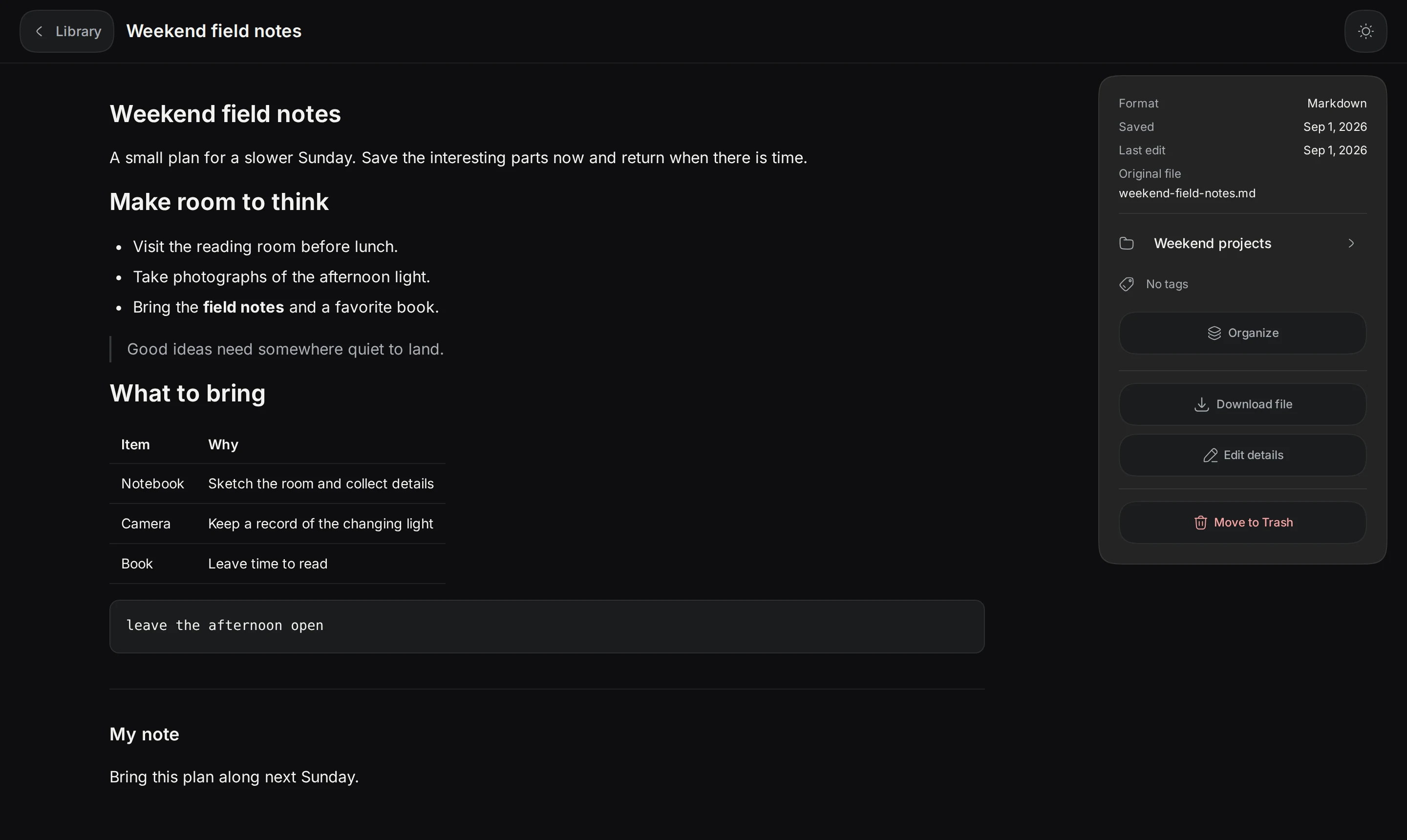 A Markdown document rendered with headings, a table, and formatted text