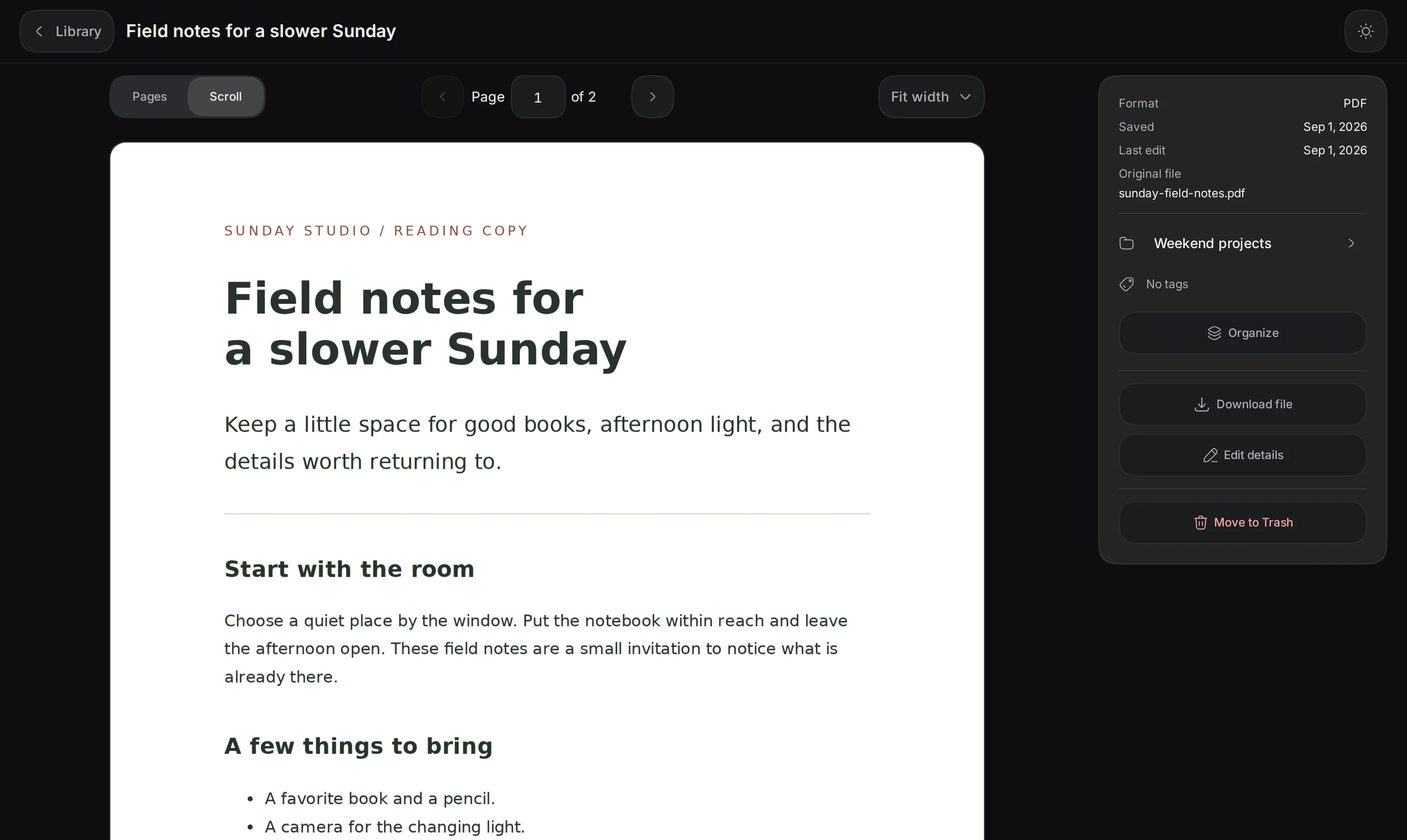 A saved PDF with Pages and Scroll controls, page navigation, and a zoom menu