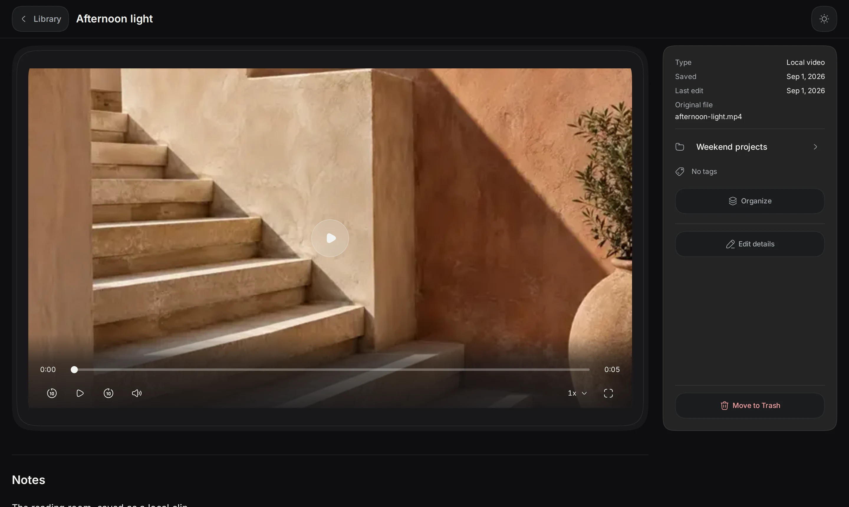 A locally saved video with browser playback controls and a personal note