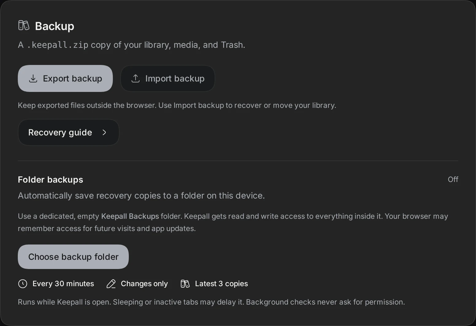 Keepall Backup settings with Export backup