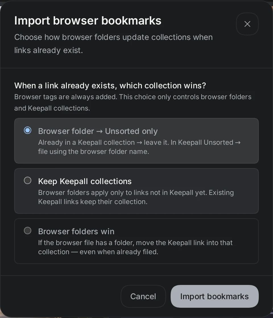 Bookmark import dialog with its three choices for updating existing collections