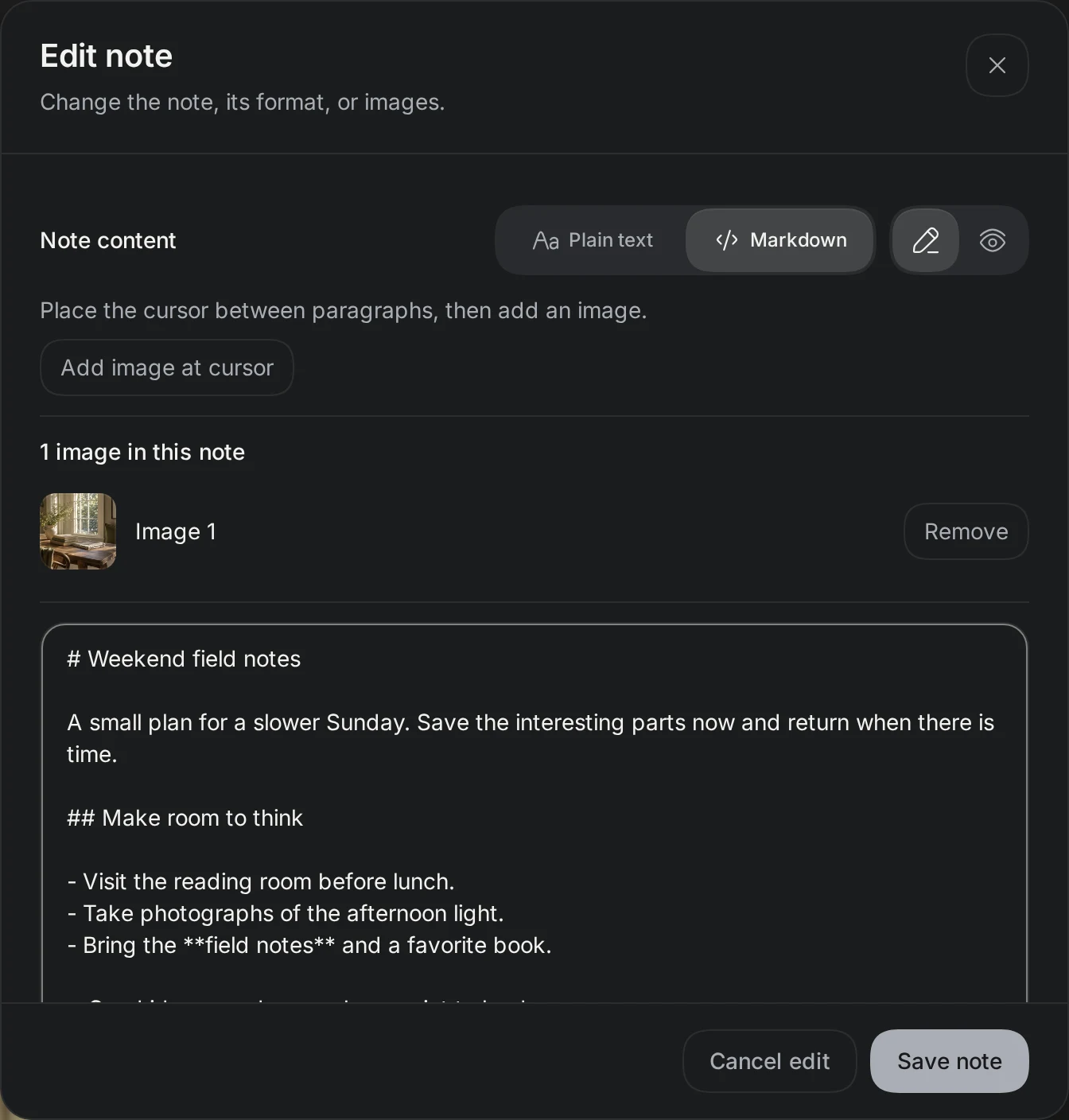 The note editor with Markdown, Edit and Preview controls and an attached local image