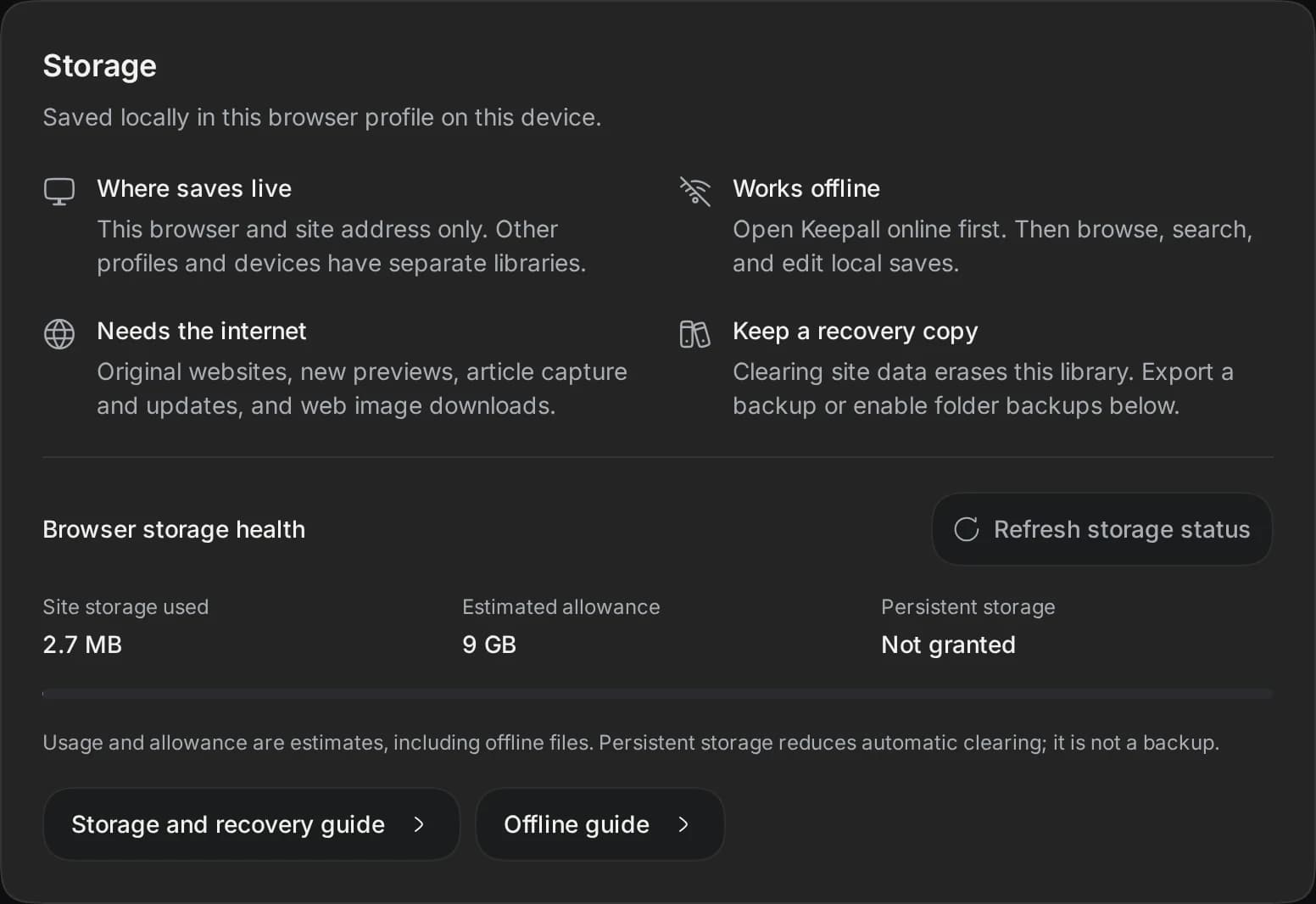 Keepall Storage settings showing browser storage usage and protection status