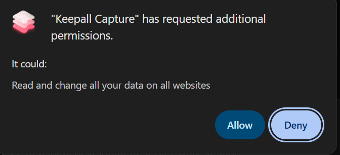 Chrome asks to read and change data on all websites, with Allow and Deny buttons.