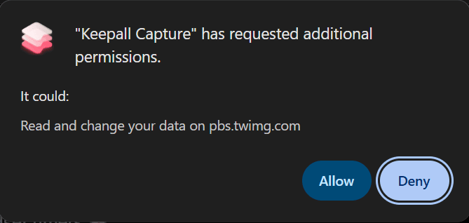 Chrome asks to read and change data on pbs.twimg.com, with Allow and Deny buttons.